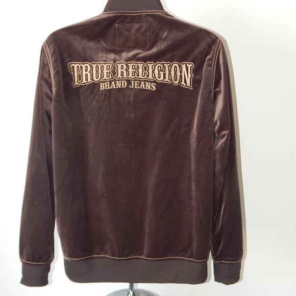 NWT True Religion Velvet Embellished Track Jacket Zip Up Brown Gold Men XXL - Picture 8 of 11